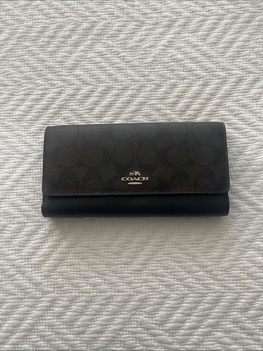 Coach Black and Dark Brown Signature Foldover Wallet with Gold Emblem